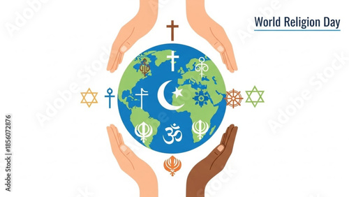 Diverse hands holding globe with various religious symbols on world religion day