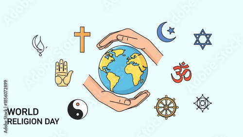 Hands holding the earth surrounded by religious symbols on world religion day