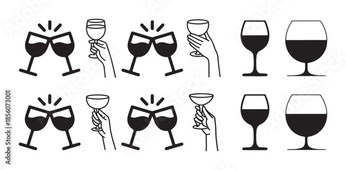 Glass icon set. Various wine glasses, a red wine glass, a champagne glass, hands toasting with wine and champagne glasses. vector illustration eps 10