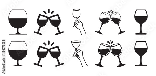 Glass icon set. Various wine glasses, a red wine glass, a champagne glass, hands toasting with wine and champagne glasses. vector illustration eps 10