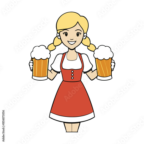 A cheerful Bavarian waitress in traditional dress holding frothy beer mugs, smiling warmly, capturing the festive spirit of Oktoberfest in a lively, colorful scene.
