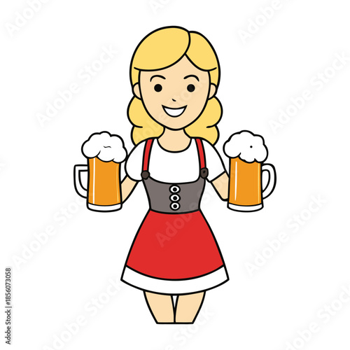 A cheerful Bavarian waitress in traditional dress holding frothy beer mugs, smiling warmly, capturing the festive spirit of Oktoberfest in a lively, colorful scene.
