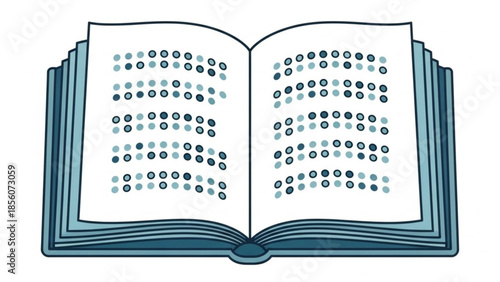 An open book with braille text on the pages in a graphic illustration style