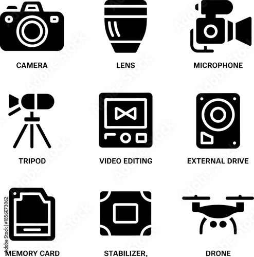 Set of nine photography and videography equipment icons flat style