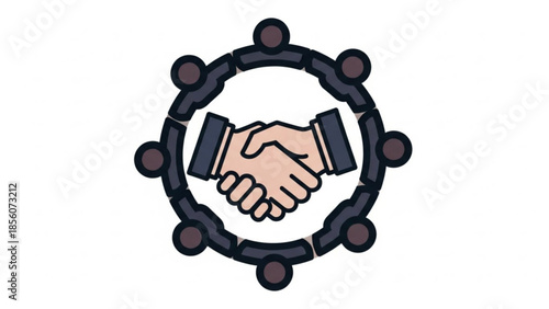 Handshake in a circle of connected people, symbolizing partnership, teamwork, and unity, with a modern and minimalist design