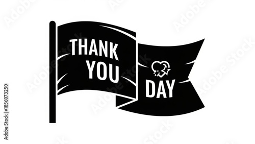 Black waving flags with thank you day text and heart symbol on white background