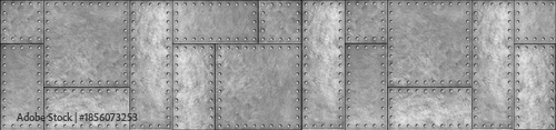 Foto Industrial grey metal plates with rivets texture panoramic background photo