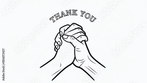 Gratitude gesture with clasped hands and thank you text in black and white