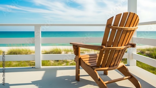 A wooden beach chair on a deck overlooking the ocean