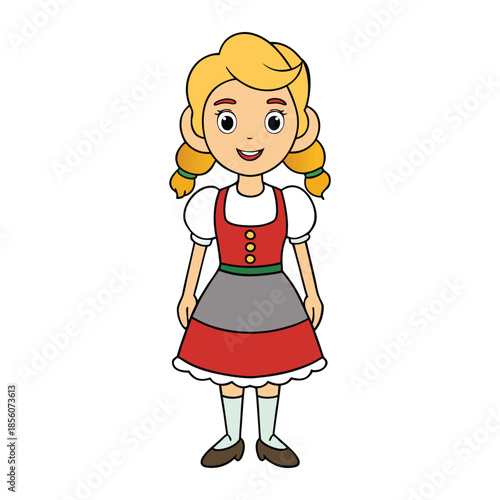 A cheerful Oktoberfest girl in traditional Bavarian dress, holding a frothy beer mug, smiling, with festive decorations and lively festival vibes all around her.
