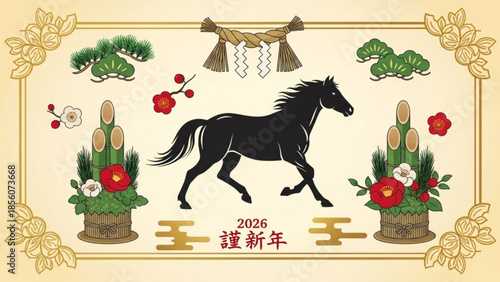 Black horse running amidst festive floral arrangements and greenery on beige background with chinese new year 2026 elements