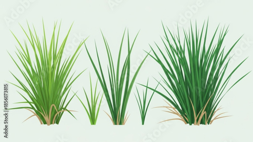 Set of lemongrass plants with varying heights and green leaves on white background