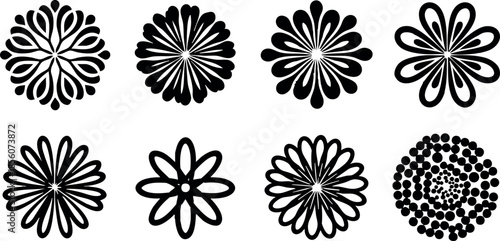 Black and white floral mandala pattern vector set with eight decorative designs 