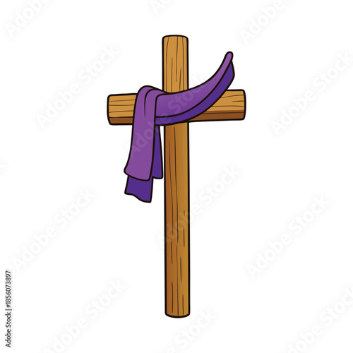 A wooden cross crucifix draped with a flowing purple cloth, symbolizing faith, sacrifice, and reverence, captured in a simple, sacred design.
