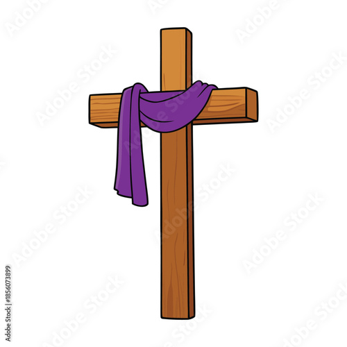 A wooden cross crucifix draped with a flowing purple cloth, symbolizing faith, sacrifice, and reverence, captured in a simple, sacred design.
