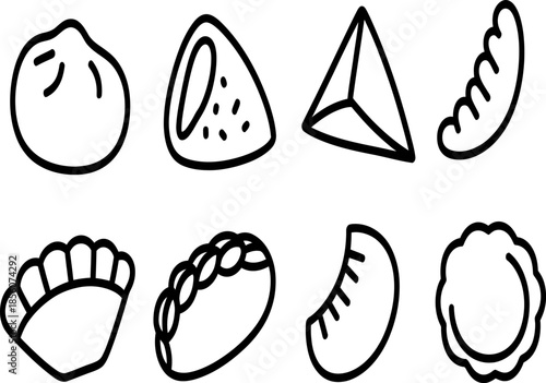 Dumpling and Pastry Line Icon Set, Asian Food and Snack Outline Icons