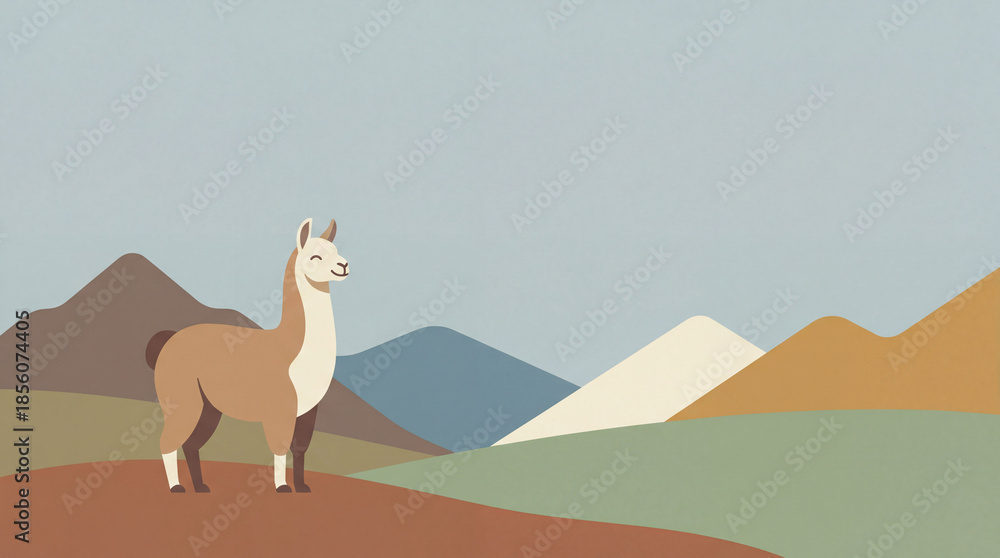 Fototapeta premium Smiling llama stands in mountain valley. Pastel llama illustration suits summer vacation ads, World Tourism Day posts, International Mountain Day banners, calm nature mood, wide copy space