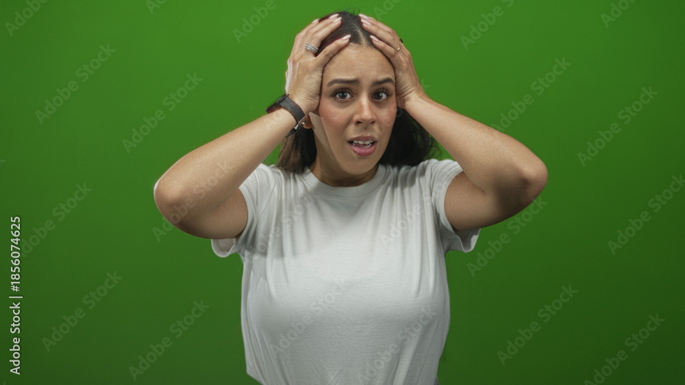 Fototapeta premium Woman holding head with both hands, young brunette wearing white t shirt, smartwatch and rings, open mouth worried expression in studio green backdrop; anxiety.