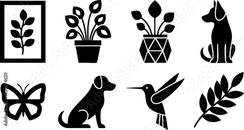 Black silhouette nature icons with plants dog butterfly hummingbird simple vector illustration 