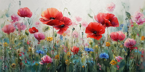 Vibrant wildflower meadow with poppies and bluebells