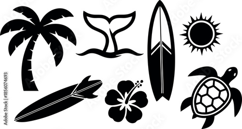 Tropical summer beach icons with palm tree, surfboards, turtle, sun, and hibiscus flower vector illustration 