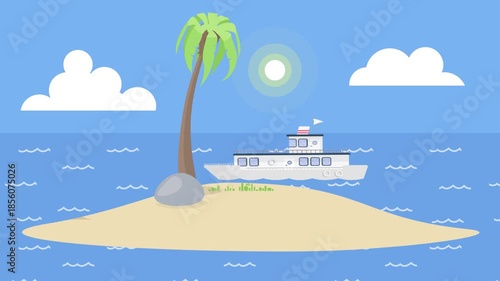 Tropical island with a palm tree and a ship sand