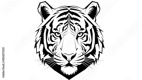 A black and white illustration of a tiger's face with intense gaze on a plain background