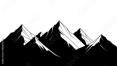 black silhouette of mountain range with white highlights on pure white background