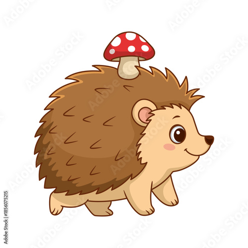 Cute cartoon hedgehog with a mushroom on its back