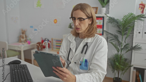 Wallpaper Mural Woman pediatrician in labcoat holds tablet and stethoscope, tapping screen in pediatric clinic; calm reassurance. Torontodigital.ca