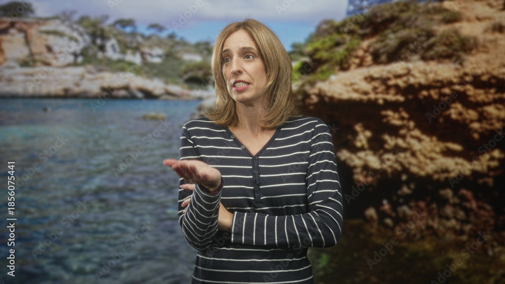 Fototapeta premium Woman touching hair with one hand and arms crossed while speaking in studio before coastal backdrop; skepticism doubt.