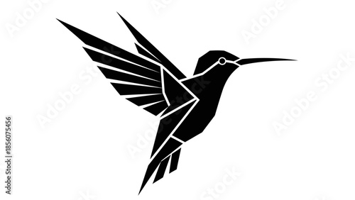 a black silhouette of a flying hummingbird with white lines on a plain white background