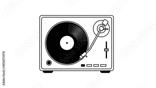 a vinyl record player with a black record on it and a silver tonearm sits on a white background with a minimalist design
