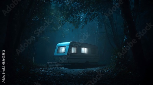 Illuminated caravan parked in a dark, misty forest at night trailer photo