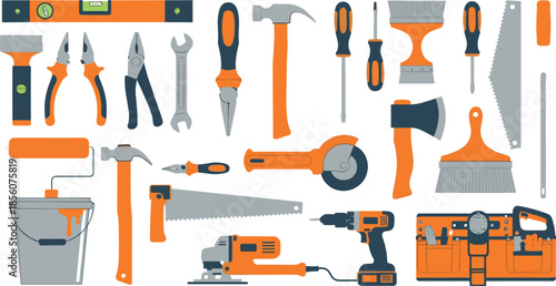 Hand tools and construction equipment vector set with hammer, drill, saw, wrench, pliers, screwdriver, paint tools, and toolbox for repair and DIY design