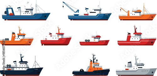 Industrial ships and workboats vector illustration set with cargo vessels, tugboats, fishing boats, and offshore service ships for maritime, shipping, and transportation design