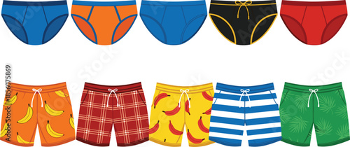 Men underwear and swim shorts vector illustration set with briefs and colorful patterned beach shorts for fashion, summer clothing, and apparel design concepts