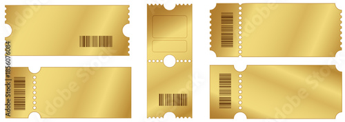 Luxury Gold Ticket Templates with Metallic Gradient and Barcode Vector Illustration