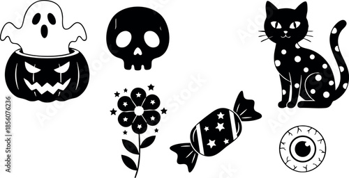 Halloween thematic icons with ghost pumpkin skull black cat flower candy eyeball vector illustration 
