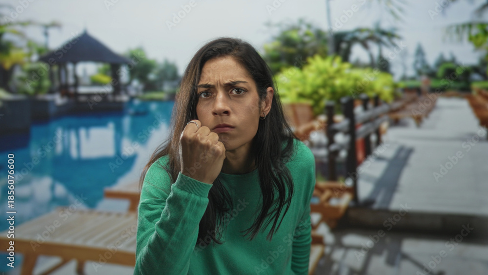 Fototapeta premium Woman with clenched fist and tense face at pool resort pier, leaning forward toward camera in a confrontational pose; anger confrontation.
