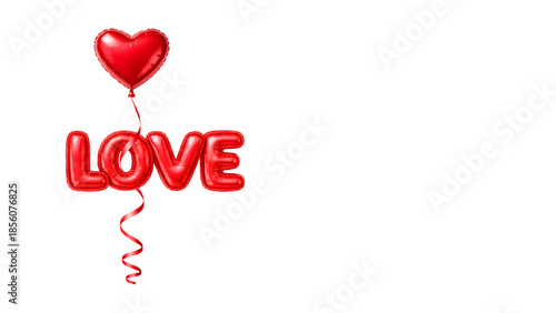 Red LOVE balloon word with heart and ribbon isolated on transparent background, romantic horizontal banner for Valentine’s Day, wedding and love promotion