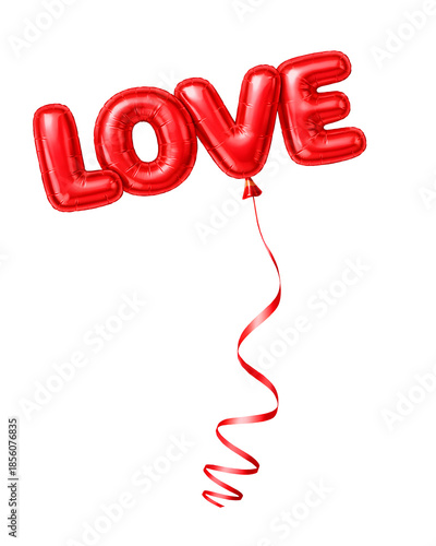 Red LOVE balloon with ribbon isolated on transparent background, romantic word decoration for Valentine card, wedding design and love celebration