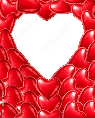 Red heart balloon frame isolated on transparent background, romantic love border for Valentine card, wedding design and festive decoration