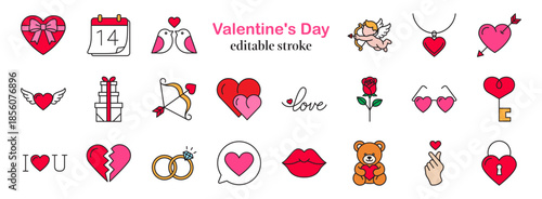 Set of 22 linear Valentine icons with editable stroke and soft color fill. Modern love and romance pack with heart, gift, ring, calendar, chat, and date symbols for card, wedding, app