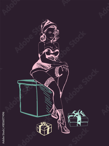 Sketch of a beautiful girl in a short New Year's dress sitting on a box with gifts against a dark background. Vector illustration for your Christmas and New Year's holiday-themed designs.