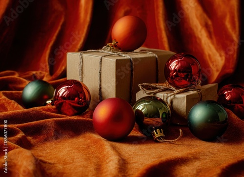 christmas gift boxes with red and green ornaments on velvet background