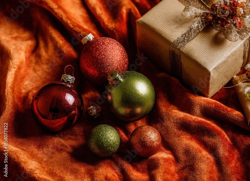 christmas gift boxes with red and green ornaments on velvet background