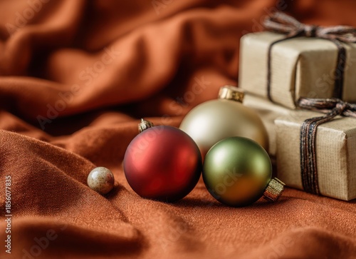 christmas gift boxes with red and green ornaments on velvet background