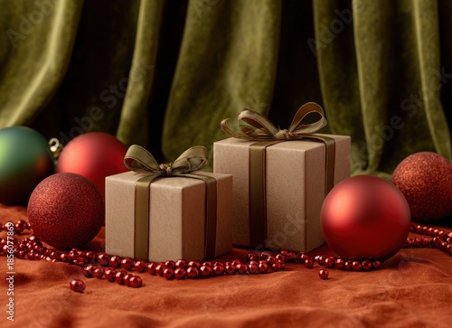 christmas gift boxes with red and green ornaments on velvet background