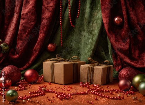christmas gift boxes with red and green ornaments on velvet background